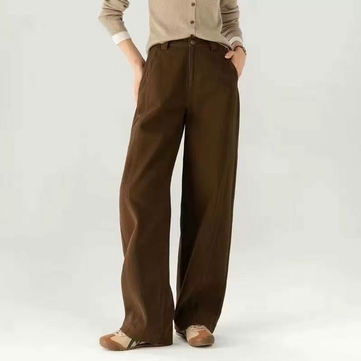 해피유통여성 가을 겨울 하이웨이스트 루즈핏 스트레이트 청바지 심플 캐주얼 와이드팬츠K03