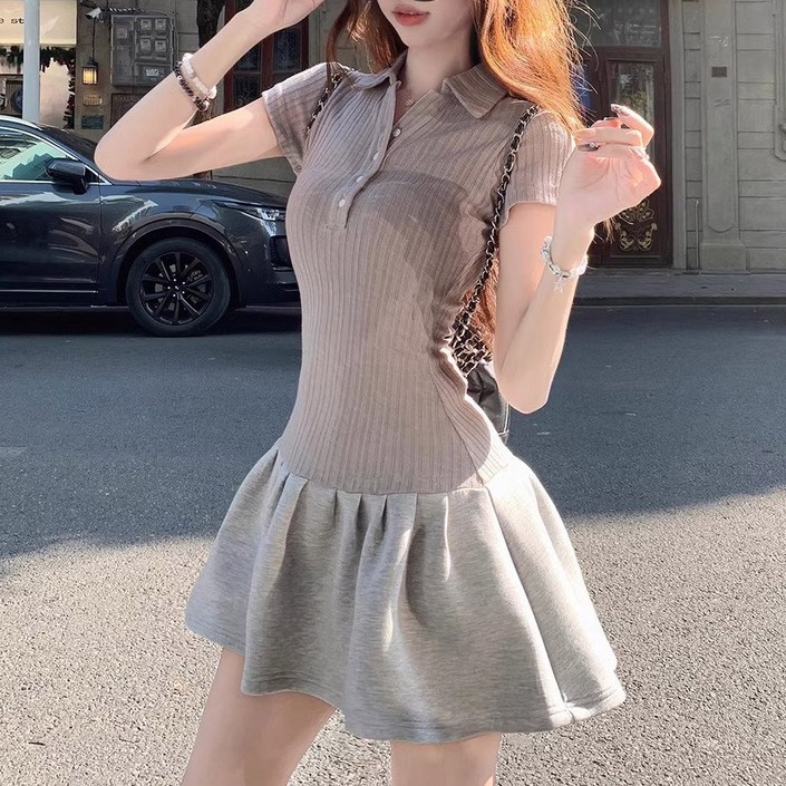 카밀라쇼룸 플레어 미니 모던 카라 니트 셔츠 원피스