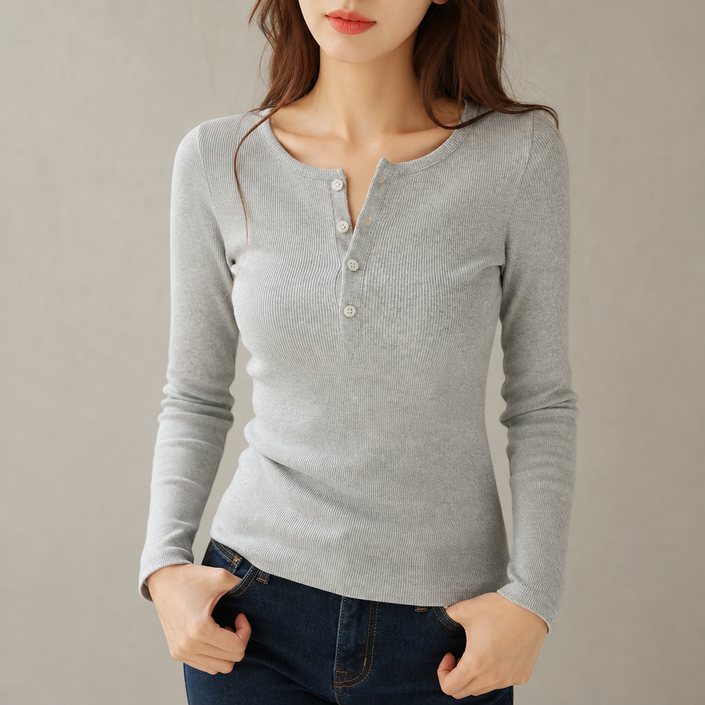 데네스샵 여성 빅사이즈 골지 심플 단추 티셔츠 풀오버