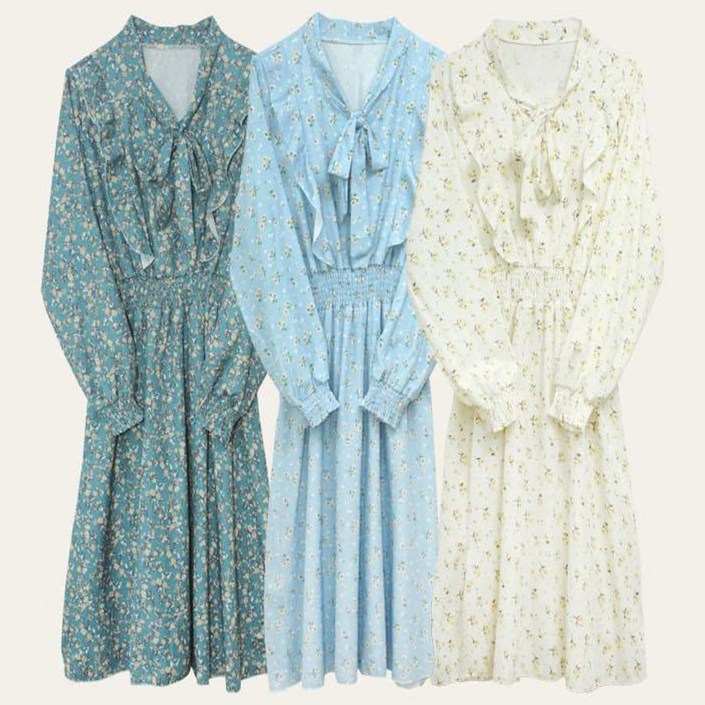 피크닉 소개팅 맞선복 면접복 출근복 상견례 여행 플라워 러플 원피스 봄 가을 쉬폰 프릴 여자 데이트룩