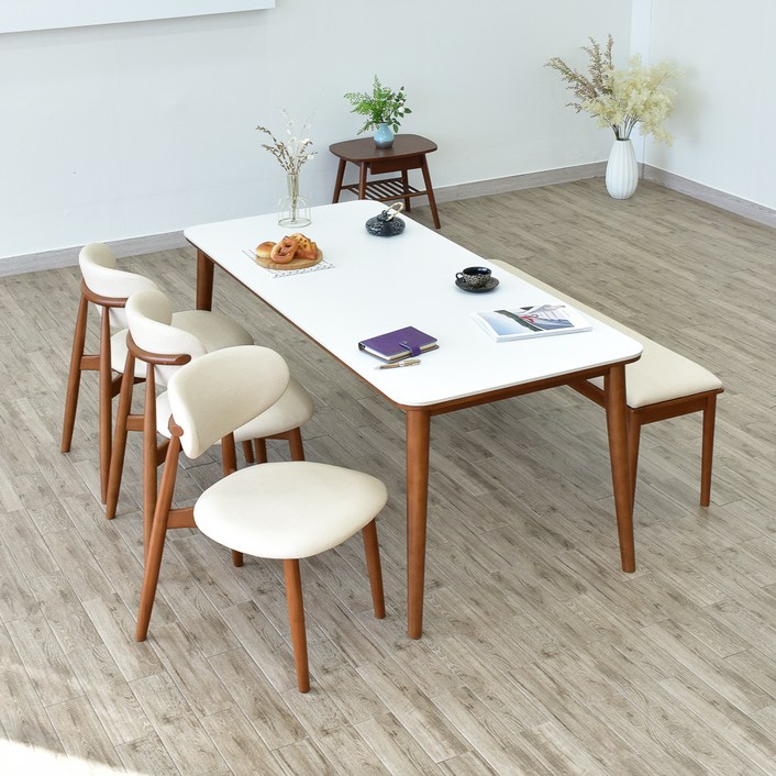 이즈네이처 누베 세라믹 식탁 6인용 + 의자3p + 솔리드 3인 벤치 세트 방문설치, 퓨어화이트(식탁), 브라운(의자,벤치), 일반 3 + 벤치 1