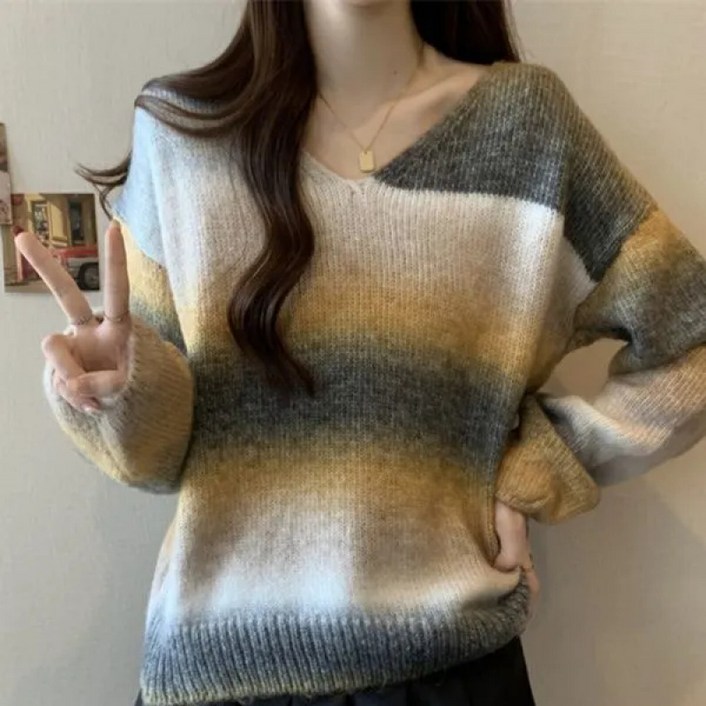 Choyur여성 봄가을 스트라이프 V넥 긴팔 니트 컬러 그라데이션 디자인wjj