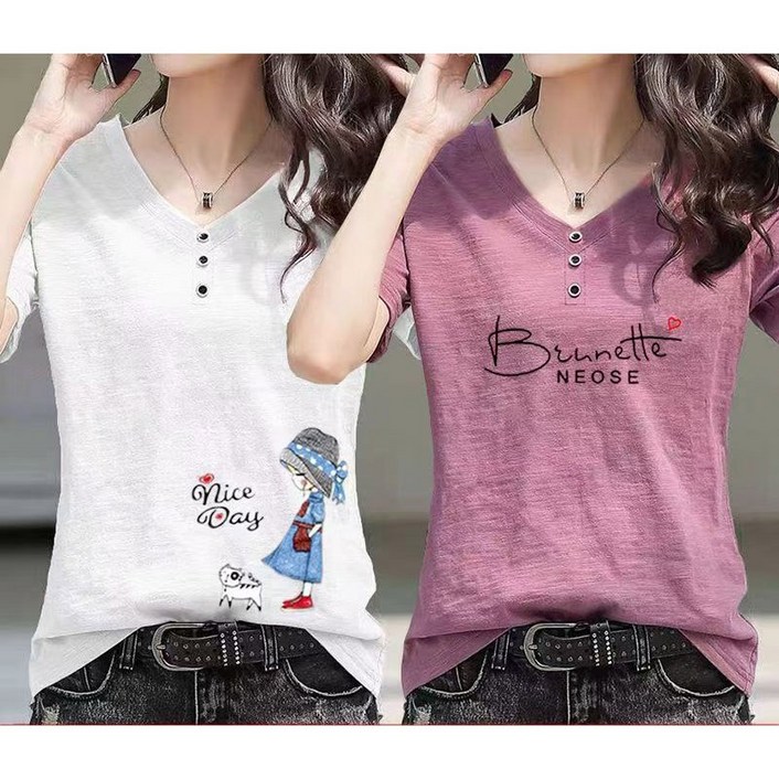 별하늘 1+1 여성용 브이넥 반팔 레터링 슬러브 티셔츠 2p