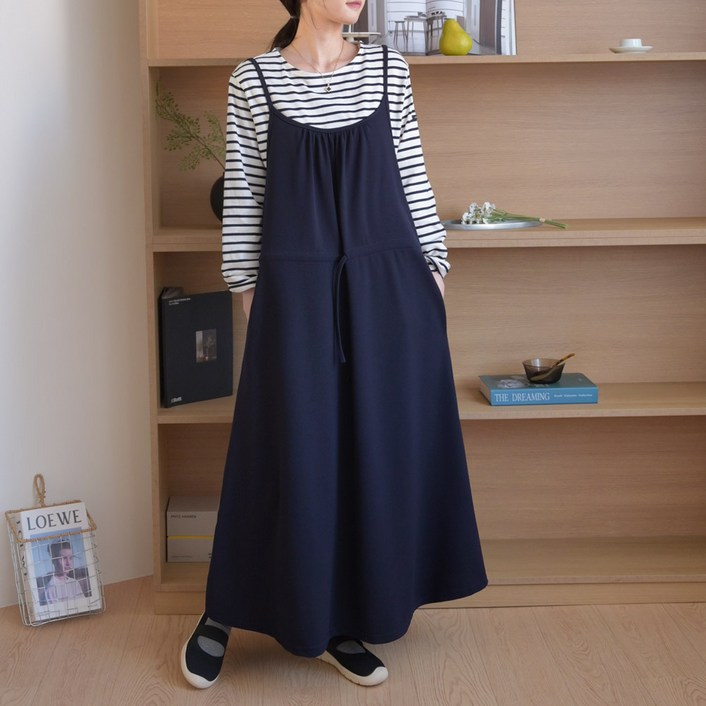 데일리앤 큐비 봄 끈나시 플레어 뷔스티에 레이어드 롱 원피스 오버핏