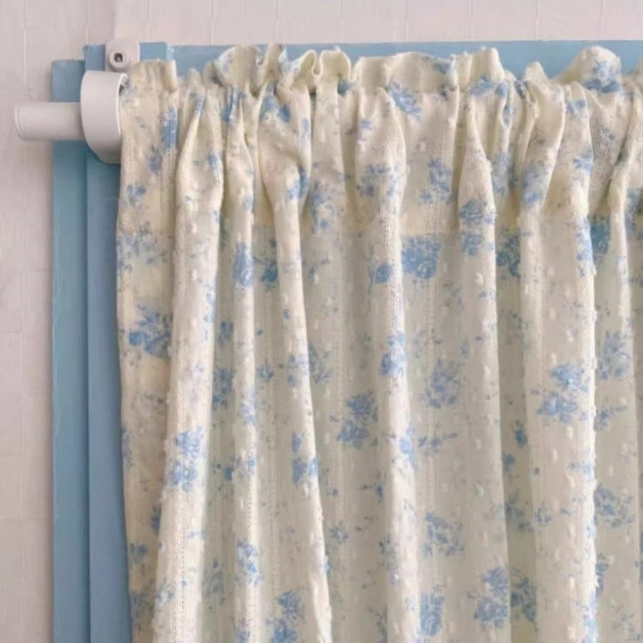 빈티지 블루 플라워 쉬폰 커튼 아이보리 로맨틱 레이스 발코니 커텐