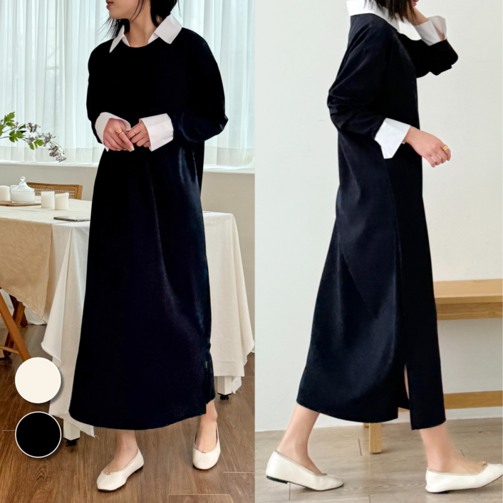 핏몬 여성 셔츠 일체형 긴팔 롱 레이어드 원피스 봄 가을 하객룩