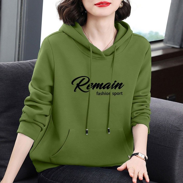 중년 엄마룩 후드 상의 빅사이즈 봄가을 긴팔 상의 데일리 여자 긴팔 맨투맨 슬림핏 중년 여성 후드티 LCC