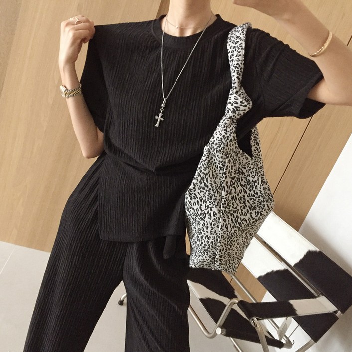 [아이미마인] 굿데이 링클프리 라운드 언발단추 반팔티 밴딩 와이드팬츠 여름 투피스세트 (4color)