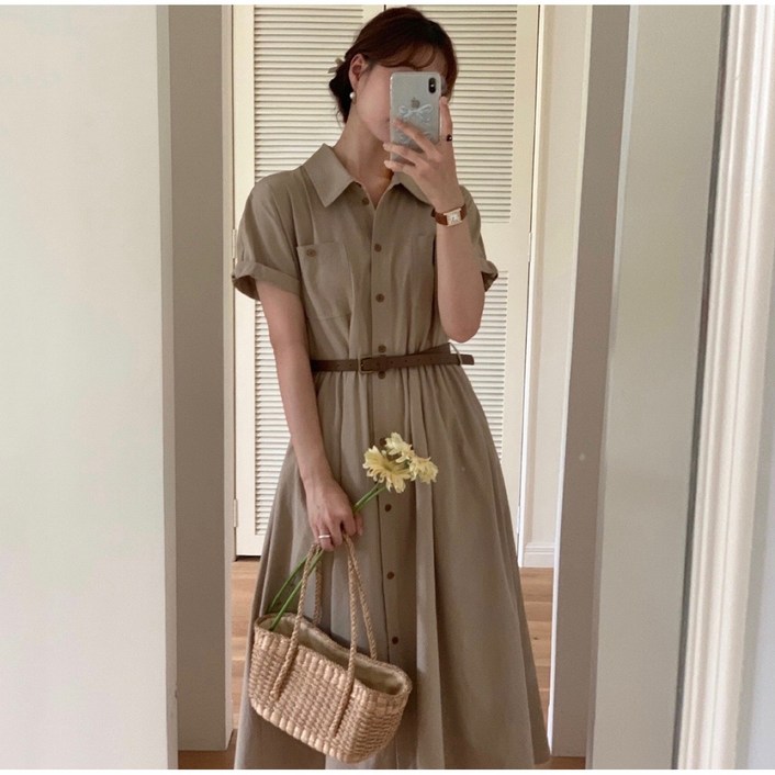 루어스룸 헤이즐 여름 코튼 벨트세트 버튼 플레어 A라인 빅사이즈 여성 a라인 반팔 66 77 88 임산부 하객룩 셔츠 롱 원피스2color 돌잔치룩