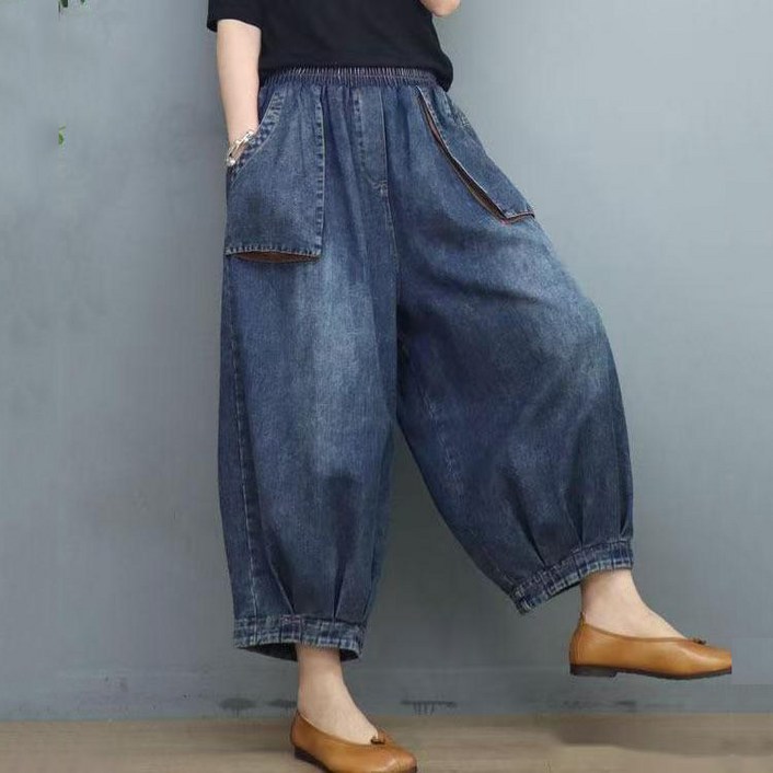 Gradle 빅사이즈 여성 밴딩 배기청바지 데님 팬츠 오버핏 바지 데일리룩 청바지 여자 와이드 9부청바지 스판 배기팬츠