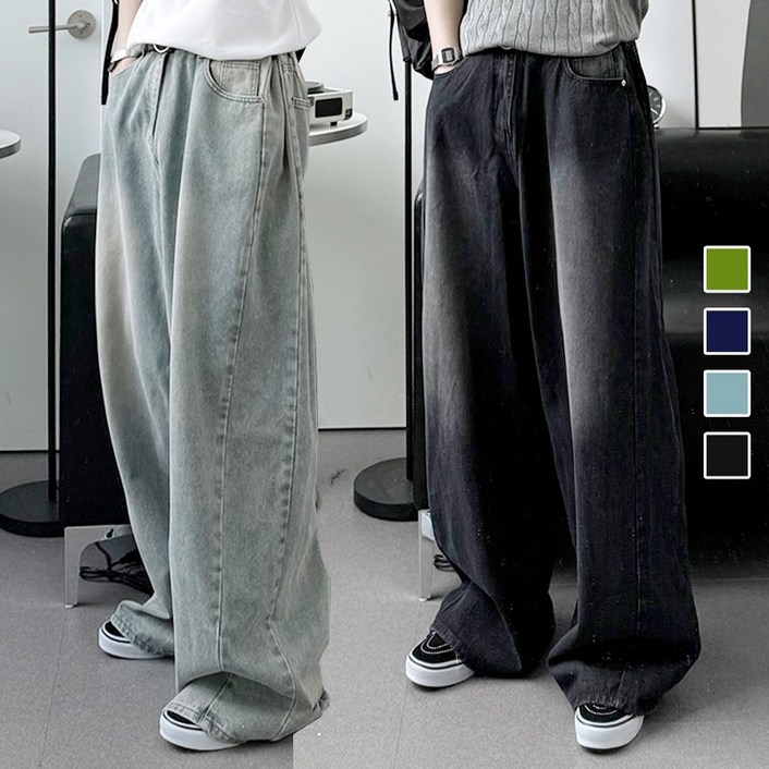 프리미엄 S3XL 롱기본 Y2K 옆 셔링 절개 와이드 데님 팬츠 청바지