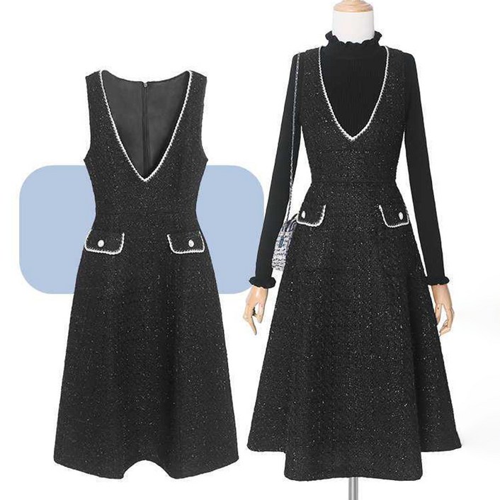 ORZQU 가을겨울 여성 캐주얼 슬림핏 민소매 브이넥 멜빵 치마 플레어 스커트