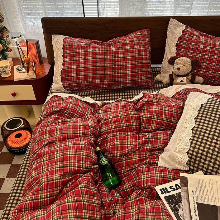 레드체크 레이스 코튼 이불커버 3종세트 