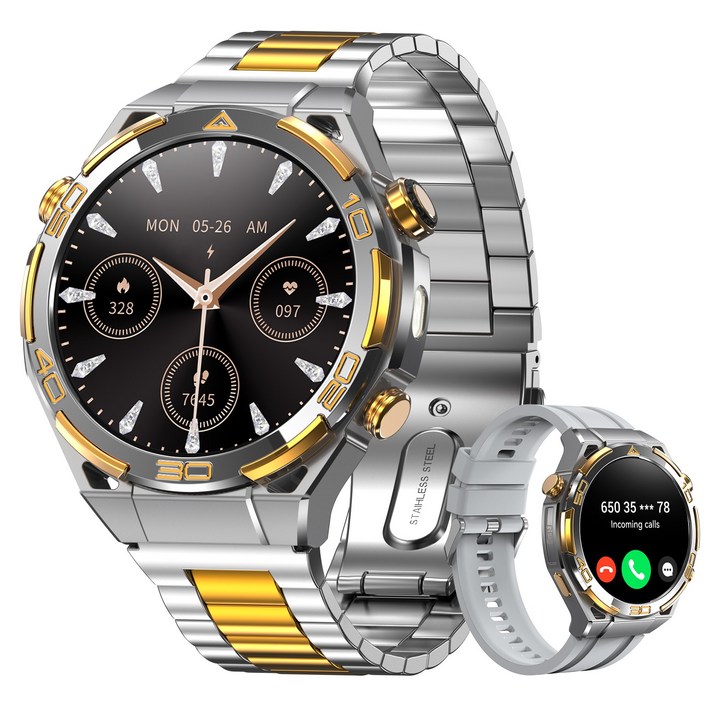 IOWODO W90pro 아웃도어 스마트워치 남성 시계 1.43인치 스틸밴드 GPS 운동경로 나침반 기상 메시지 알림 혈중산소 심박수 수면 스트레스 측정 건강 모니터링