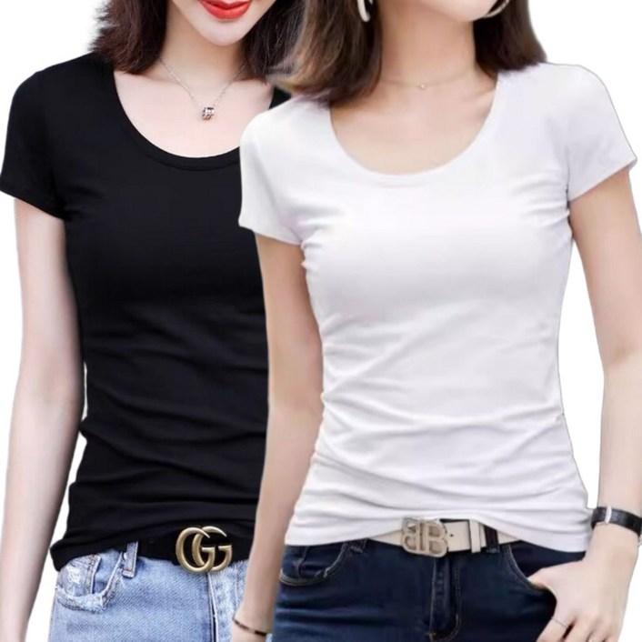 빠른토끼 여성 U넥 반팔티 슬림 이너웨어 반팔 날씬 스판 데일리 무지 유넥 캐주얼 1+1