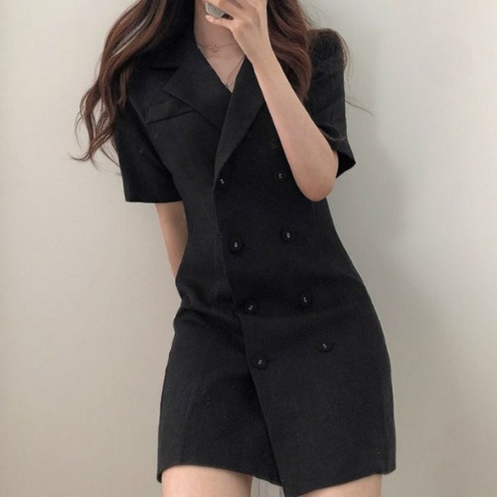 온클로젯 오피스룩 반팔 투버튼 V넥 블랙 미니 키작녀 하객 원피스