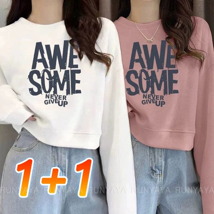1+1 /2장 세트 여성 맨트맨 티 빅사이즈 캐주얼 여성맨투맨 크롭티 라운드넥  긴팔티 봄 가을  편안한 긴팔티셔츠  D99U