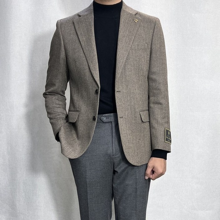 바쏘옴므 FW 가을겨울 울99% 베이지 헤링본 체크 콤비자켓 브라운 Y4JQ54-1