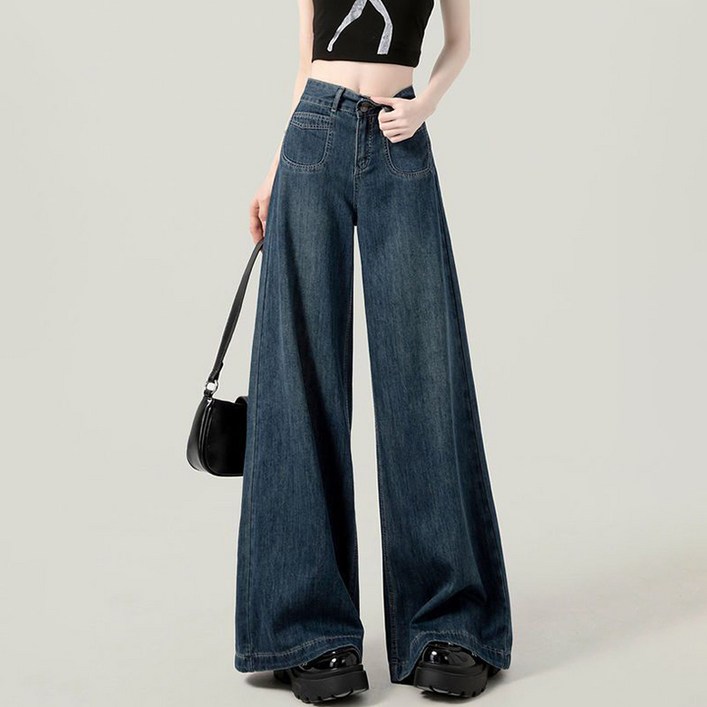 구디프 여성용 와이드 부츠컷 네이비 데님 팬츠