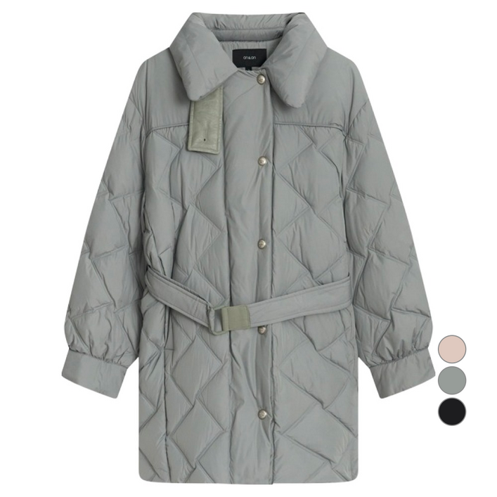 온앤온 여성용 벨티드절개카라중기장구스 점퍼