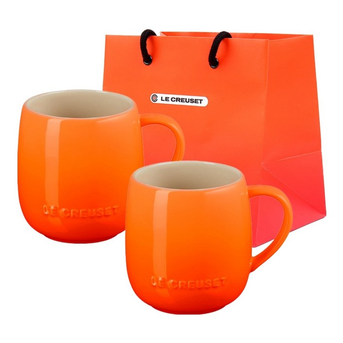 르크루제 레인보우 마시멜로 머그컵 380ml x 2p  쇼핑백 S, 주황, 1세트