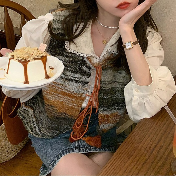 아이엠몽 여성용 리에르 수술 보헤미안 니트 조끼