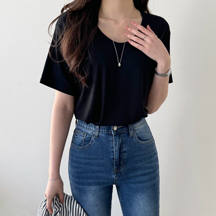 데일리앤 윌로 베이직 유넥 티셔츠 라운드 반팔 티 여성 흰티 레이어드 스판 기본 이너