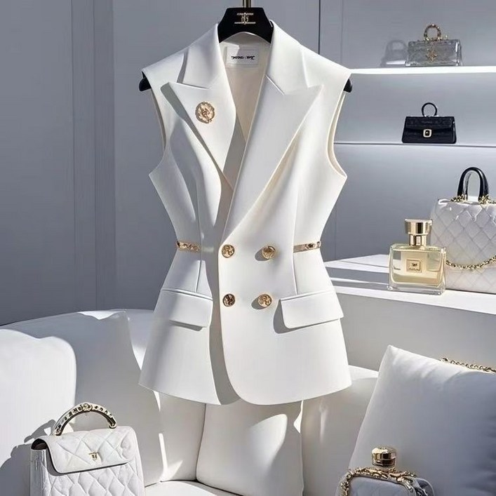 AOUGK 여성 카라 정장 조끼 민소매 정장 자켓 더블버튼 정장 베스트 슬림핏 롱조끼 캐주얼 코트 데일리