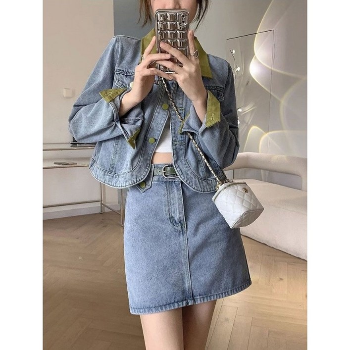 유숀 카라소매배색자켓세트 청데님미니스커트세트 네로미투피스