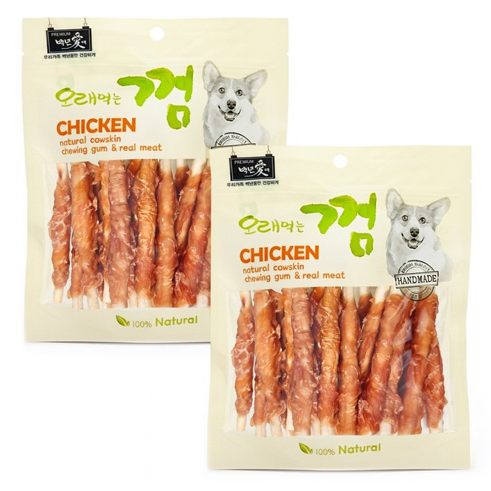 백년애 고기가 2배 이상 말린 오래먹는 강아지껌, 닭고기 스틱, 250g, 2개