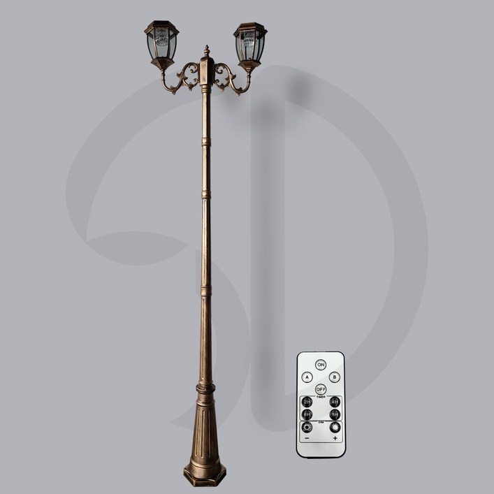 솔까든 태양광 가로등 2.6m 엔틱2구 유럽풍 육각 리모컨제어 2가지불빛 내장 공원등, 흰빛/노란빛 2색내장