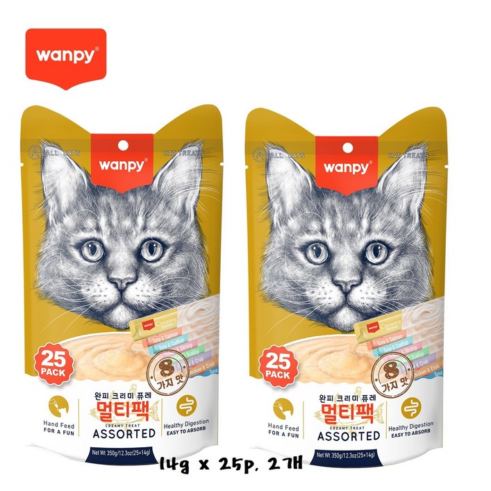 완피 크리미 퓨레 14g x 25p x 2봉, 짜먹는 고양이 츄르 간식, 14g 50개, 2팩, 350g, 혼합