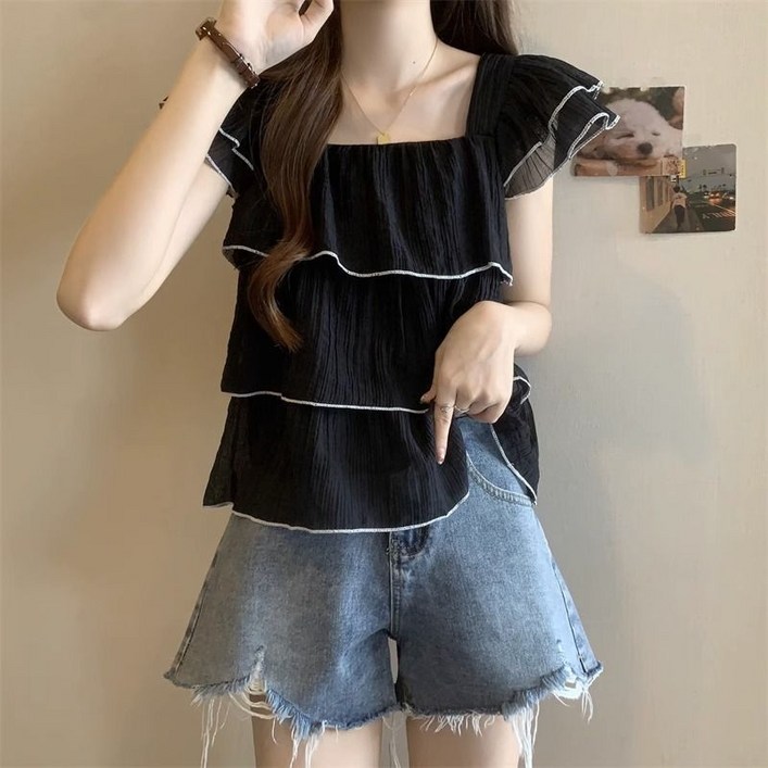 쁘띠꼬모 여성 스퀘어넥 프릴 캡반팔 블라우스W 541815