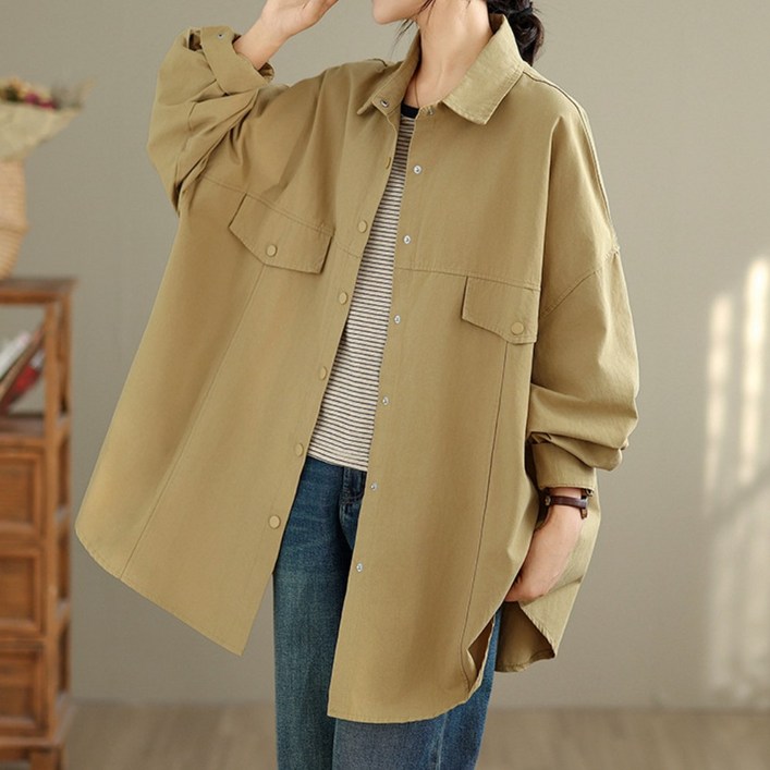 플랜앤유 여성 간절기 캐주얼 똑딱이 포켓 셔츠 루즈핏 재킷