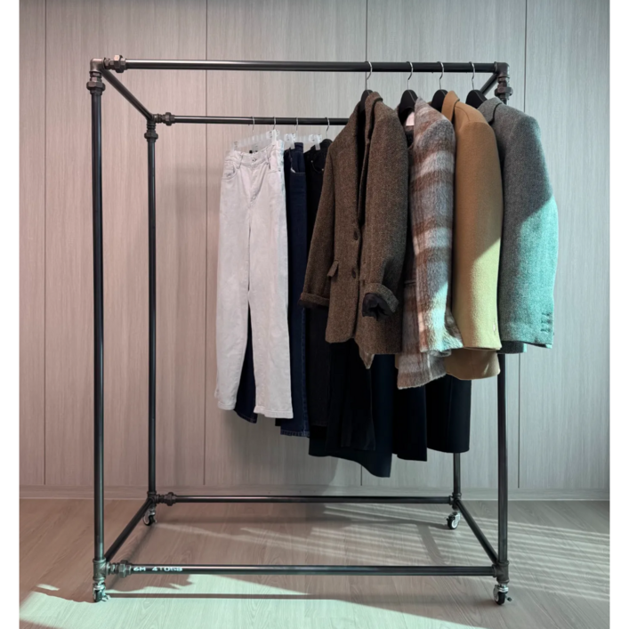 스튜디오 옷가게 매장용 드레스룸 철제 이동식 파이프행거 2단 흑관