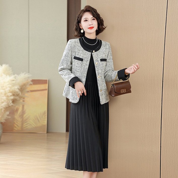 여성 봄 라운드넥 클래식 긴팔 트위드 자켓 40대 50대 60대