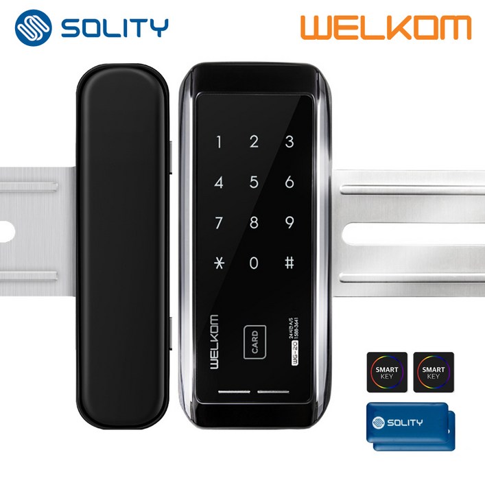 솔리티 웰콤 WG20 단문형양문형홀더포함 카드키4개번호키 강화유리문용 좌우수문인식키패드자동전환 상시문열림기능 차임벨 생활방수 상가 빌라 매장 현관문 디지털도어락 도어록, WG20, 고객직접설치