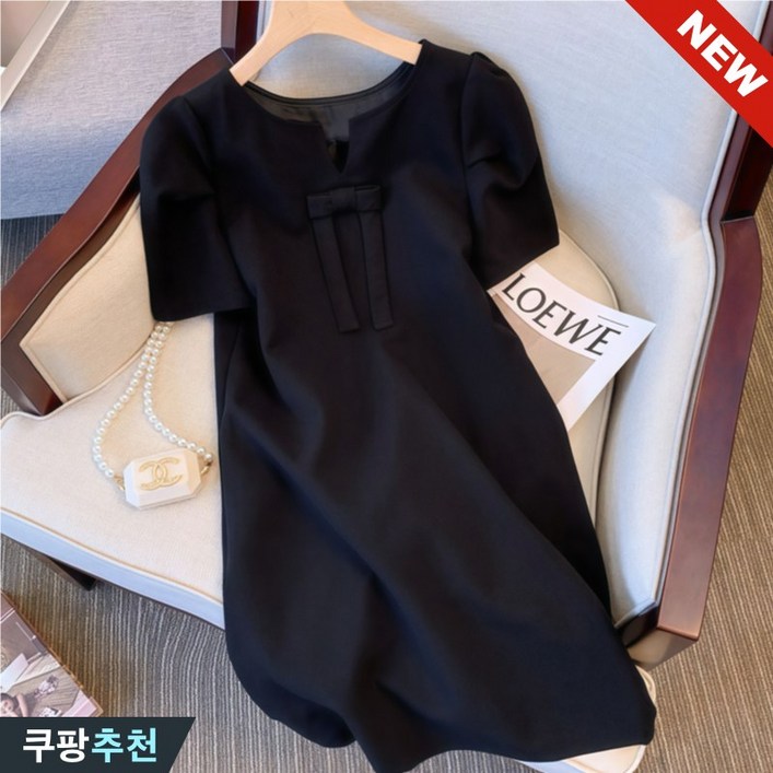 150kg까지 날씬해보이는 여성 블랙 리본 포인트 퍼프 반팔 미디 원피스 여름 빅사이즈 검정 우아한 단아한 하객룩 모임룩 브이넥 큰옷 큰언니 3xl 햅번 데일리룩 a라인 스커트