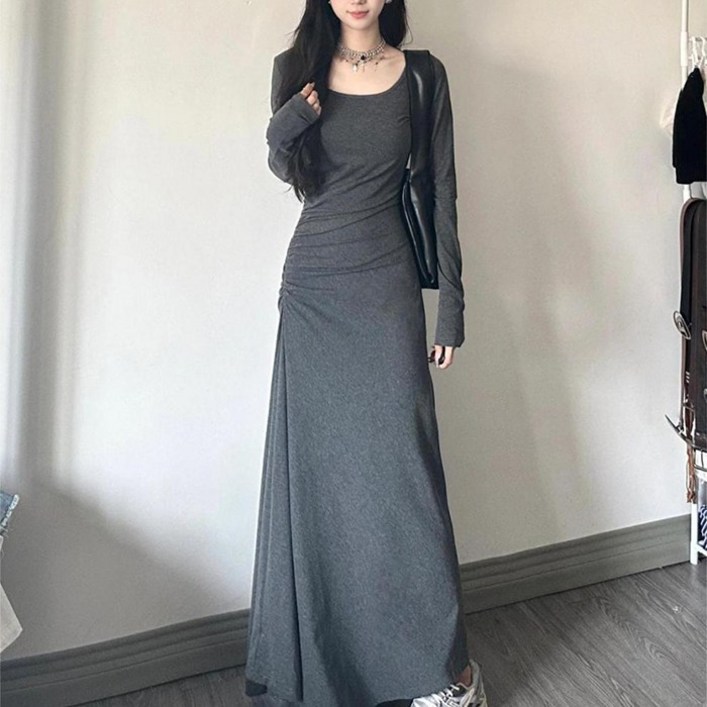슬림소녀 여성 봄 데일리 롱 슬림 긴팔 솔리드 무지 랩 원피스