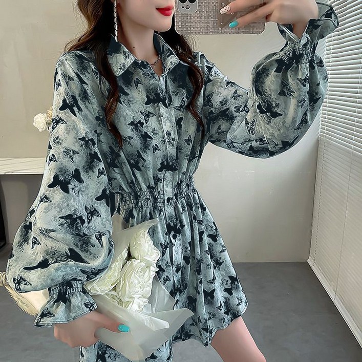 림블리 HB7061 패턴 카라 셔츠 미니 긴팔 원피스