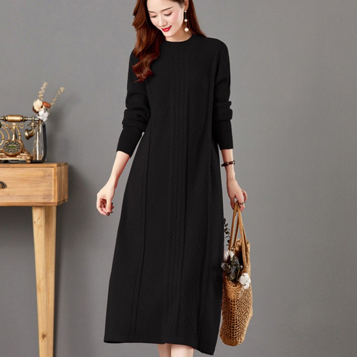 시연 가을 겨울 라운드 롱 원피스 드레스 슬림 니트 스웨터 스커트