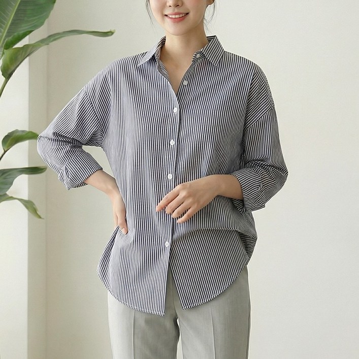 스타일아유 면80 여성 스트라이프 면마 셔츠 봄여름 루즈핏 긴팔 남방 BL1858