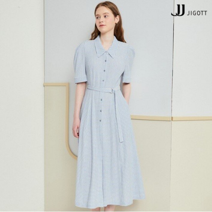 JJ지고트 퍼프 슬리브 체크 A라인 원피스 GN5A0OPJ2