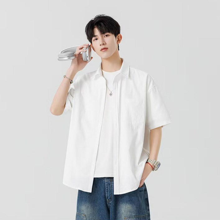 YANGTA 남성용 여름 반팔 링클프리 오버핏 무지 남방