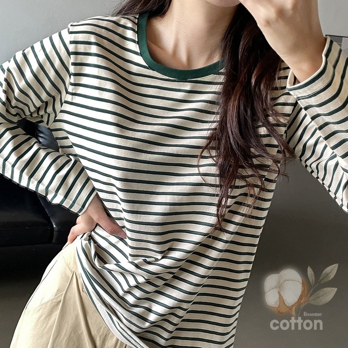 물론 여성용 라운드넥 스트라이프 코튼 긴팔 티셔츠 물론 여성용 라운드넥 스트라이프 코튼 긴팔 티셔츠
