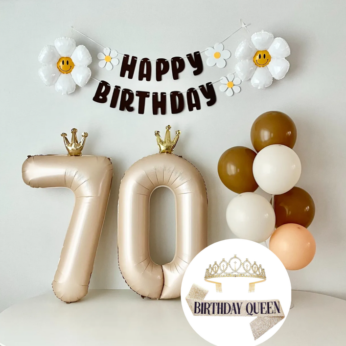 연지마켓 환갑이벤트 데이지 숫자 풍선 환갑 칠순 생일 파티 용품 세트, 1세트, 베이지70풍선다발왕관어깨띠