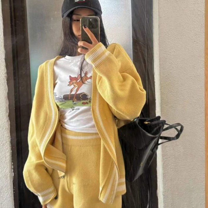 모던 배색 니트 가디건 하의 셋업