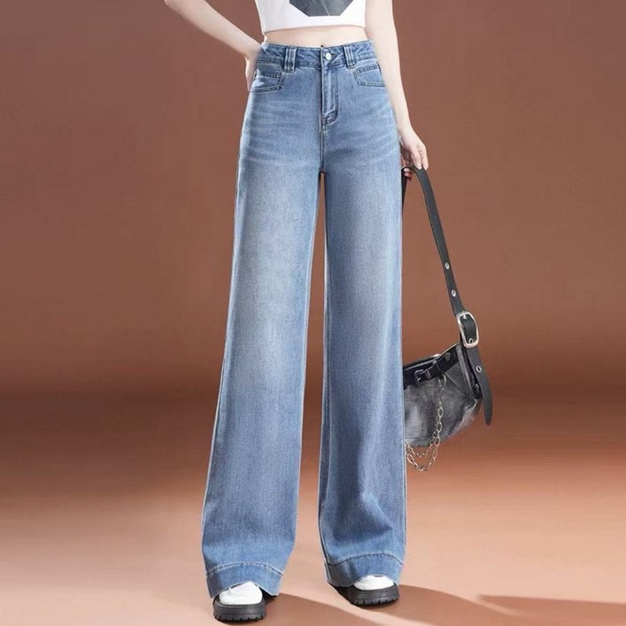 다리 길어보이는 빅사이즈 날씬해보이는 여자 빈티지 패션 워싱 포켓 데님팬츠 봄 편한 하이웨이스트 집업 통바지 와이드 신상 예쁜 데일리 롱 연청바지 통 여성 청바지