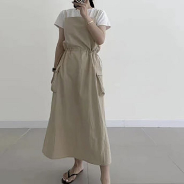 코밋 여성 아노락 허리 스트링 포켓 레이어드 롱 나시원피스 꾸안꾸 이지룩
