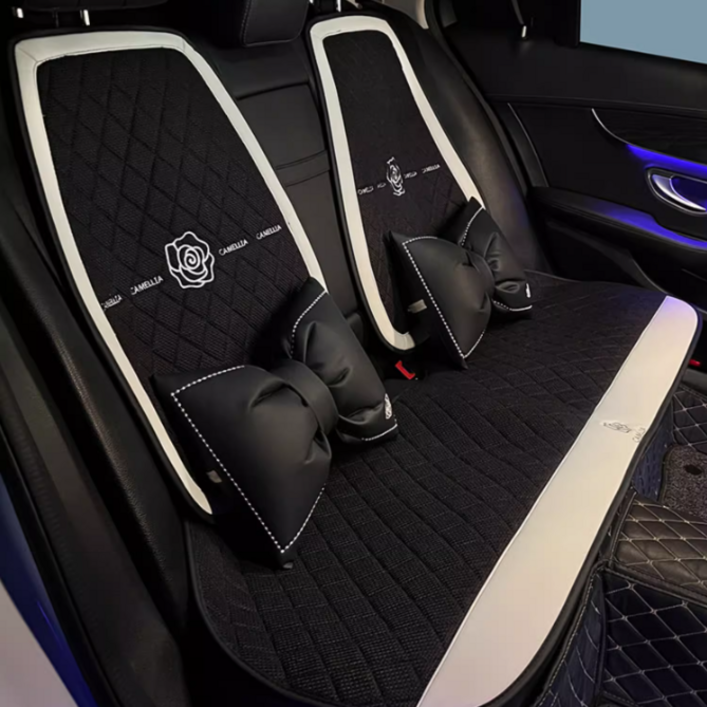 파파무니 자동차 린넨 사계절용 통풍 리본 시트커버 쿠션 방석 세트, 블랙 뒷좌석1세트, 1개